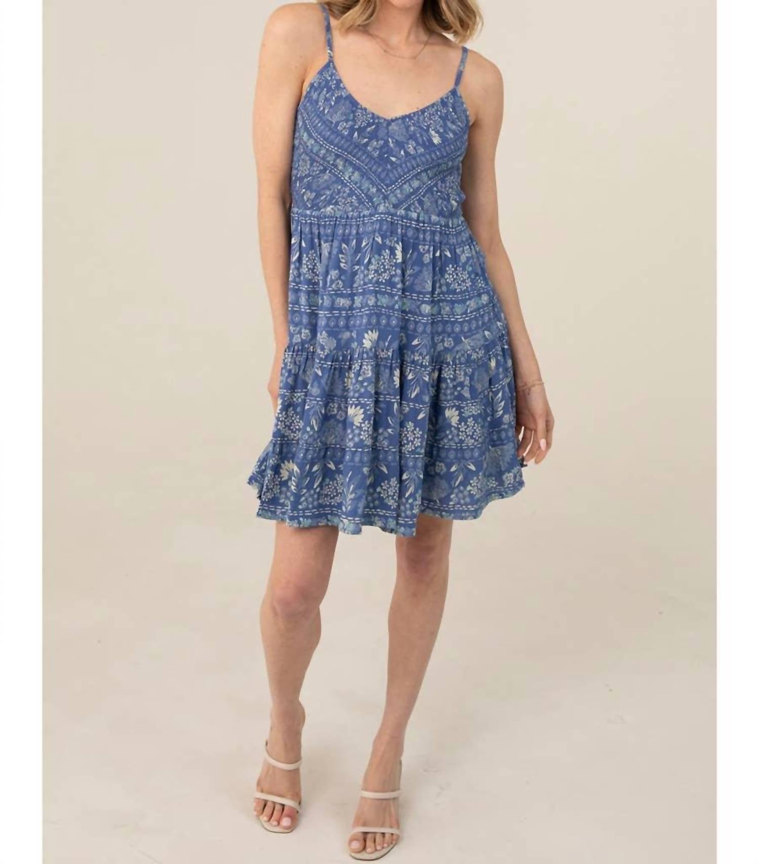 ANGIE V Neck Smocked Bodice Printed Dress in blue - women's dress