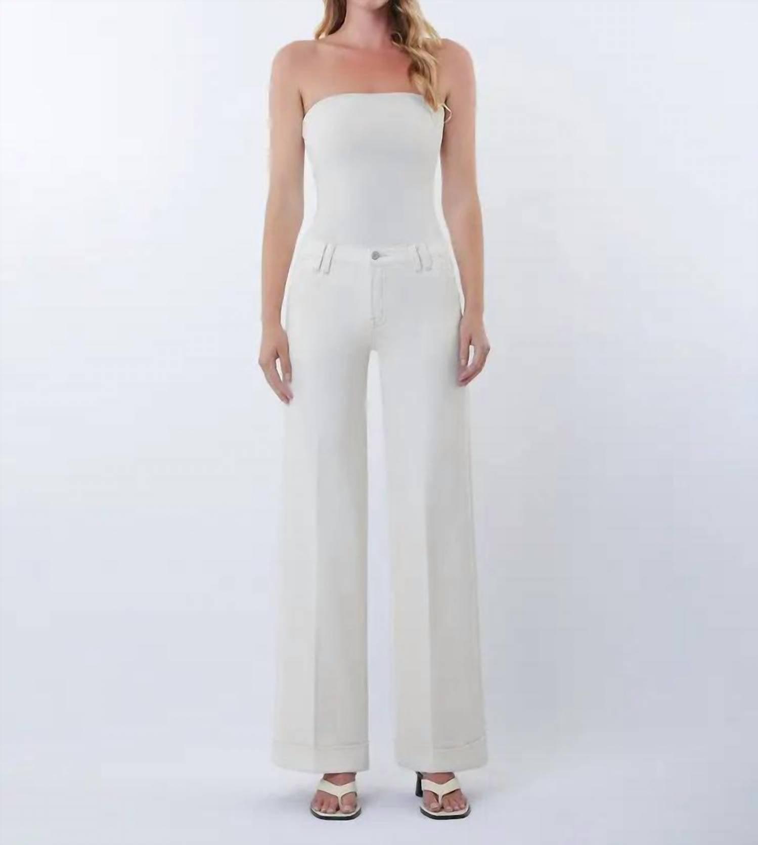 FLYING MONKEY Mid Rise Trouser Pressed Cuffed Wide Leg Jeans in ecru - women's jeans - alternate view