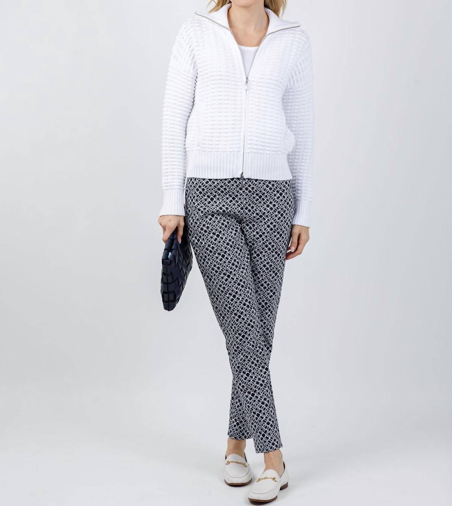Joseph Ribkoff Geometric Jacquard Pull-on Slim Fit Pants in navy white - women's pants
