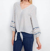 Charlie B - Striped Embroidered Sleeves Cotton Blouse