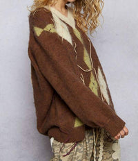 Pol - Oxford Argyle Distressed Oversized Sweater