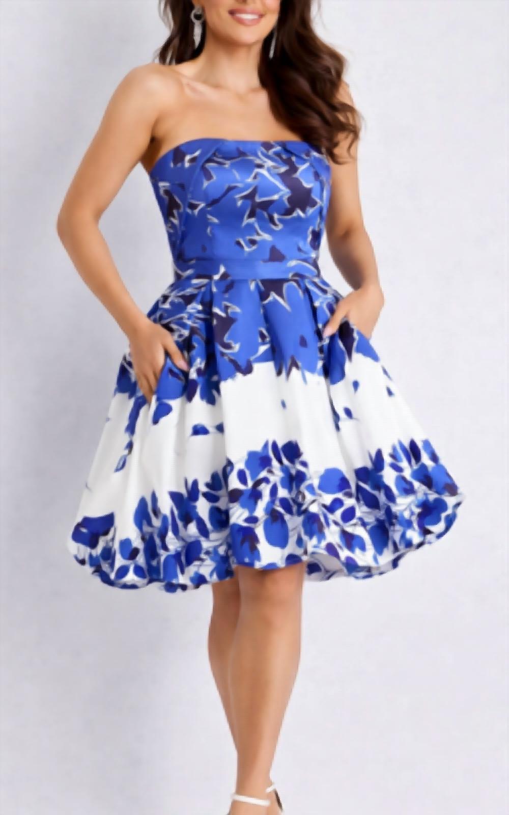 JOVANI Strapless Floral A-Line Dress with Pleated Skirt in blue white floral - women's dress