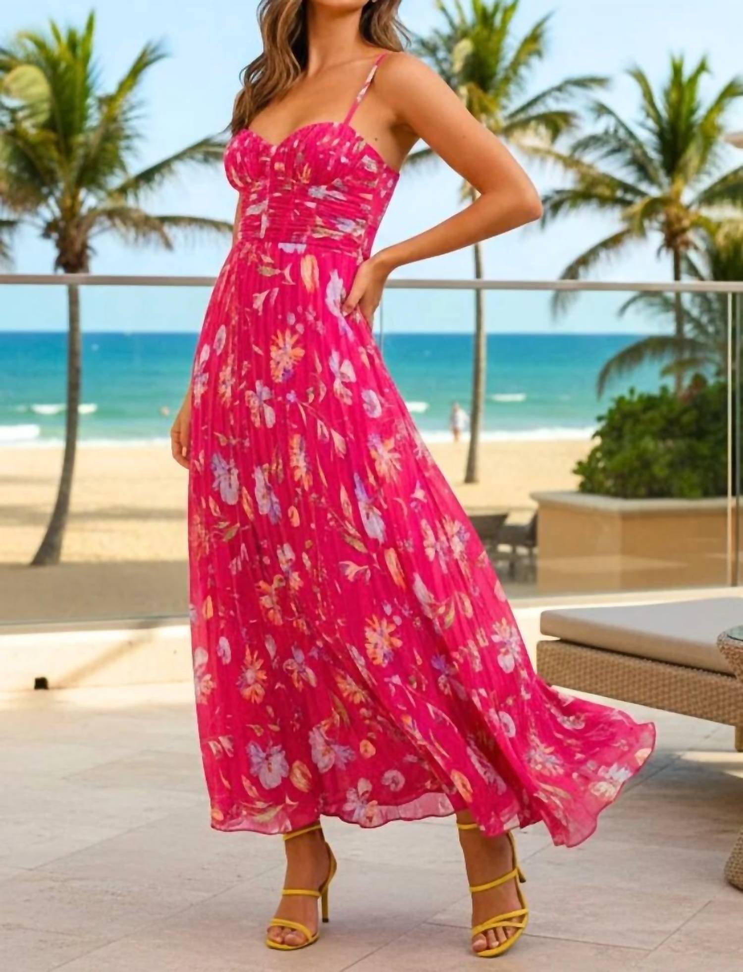 Ina Fashion - Lourdes Floral Bustier Pleated Maxi Dress