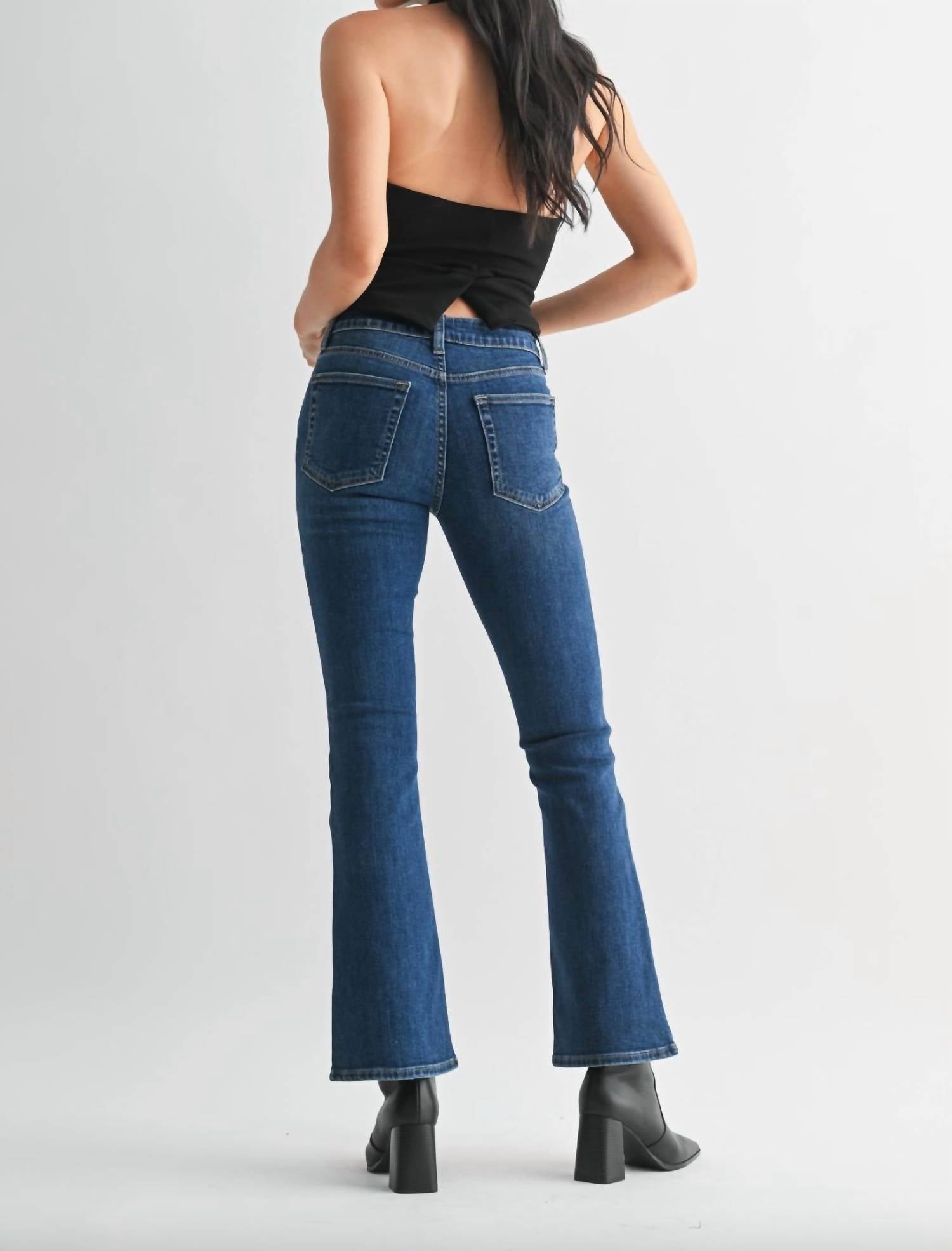 JUST USA Maya Mid Rise Bootcut Jeans in dark denim - women's jeans - detail view
