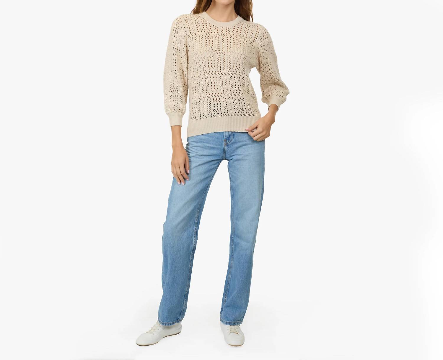 Autumn Cashmere - Puff Sleeve Tile Stitch Sweater