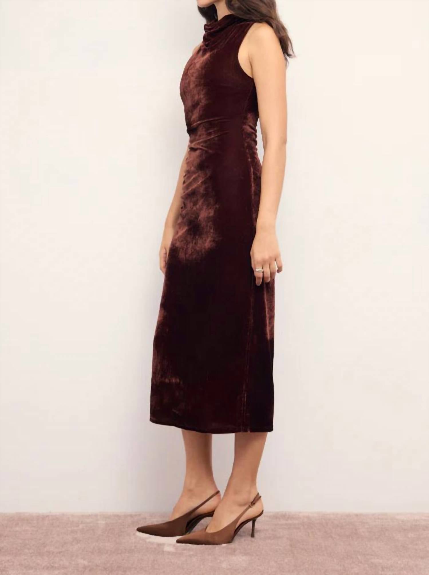MINKPINK Sonja Velvet Midi Dress in chocolate 1 - women's dress - detail view