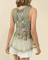 POL Sleeveless Lace Blouse in military green - women's blouse - detail view