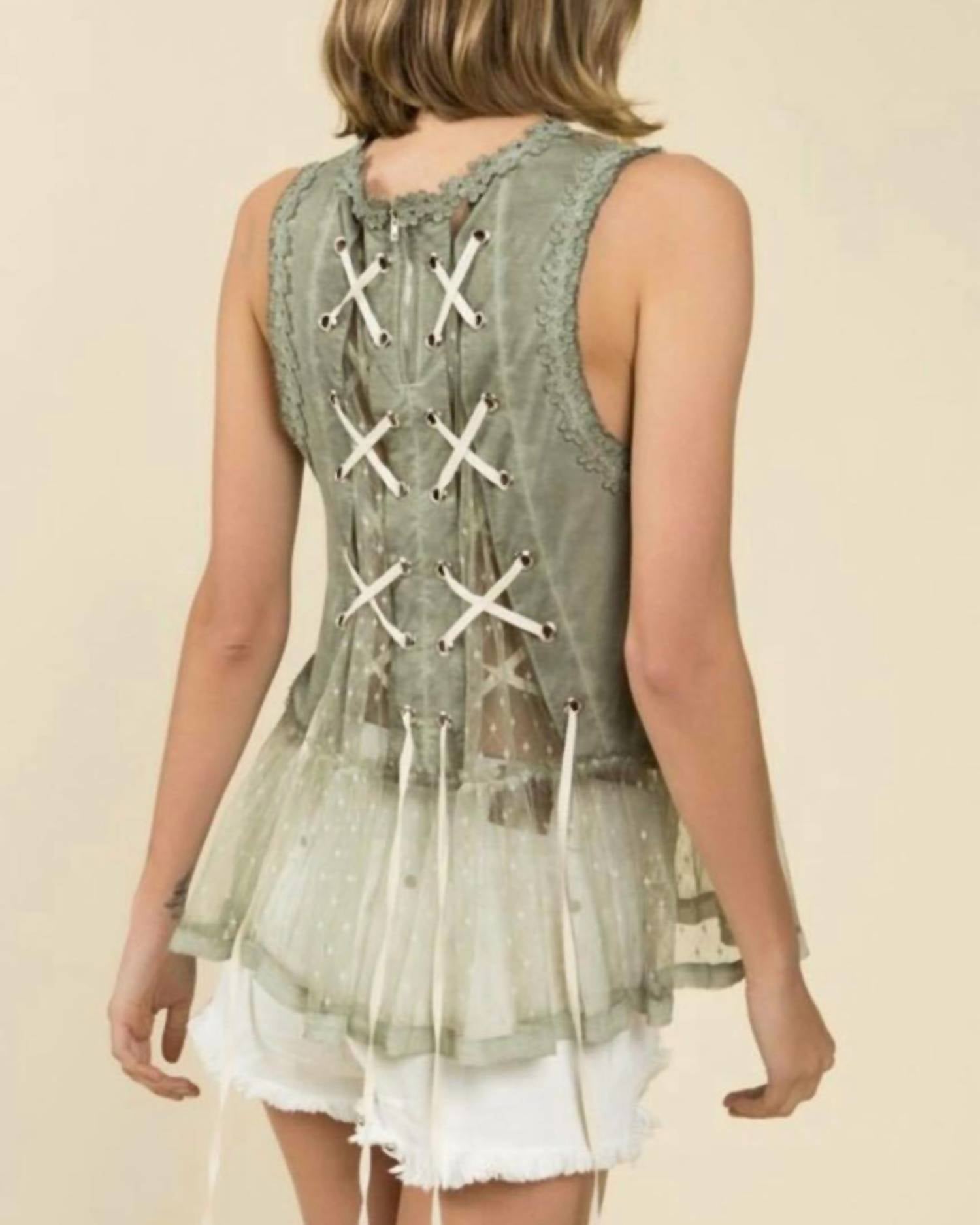 POL Sleeveless Lace Blouse in military green - women's blouse - detail view