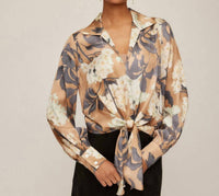Karen Kane Blouson Sleeve Satin Tie-front Top - Petite in print - women's blouse - view 4