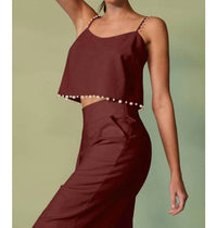Endless Blu. - Pearl Trimmed Linen Blend Crop Top