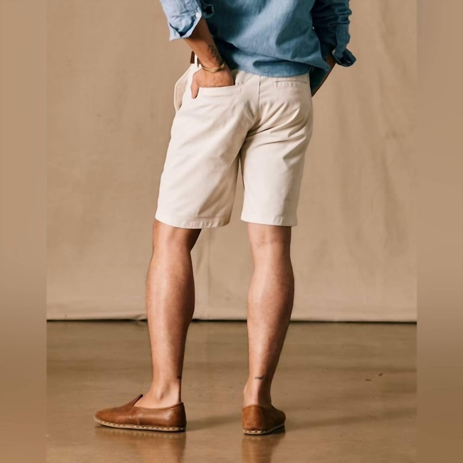 Flint and Tinder Men’s 365 Chino Shorts in cream - men's shorts - detail view
