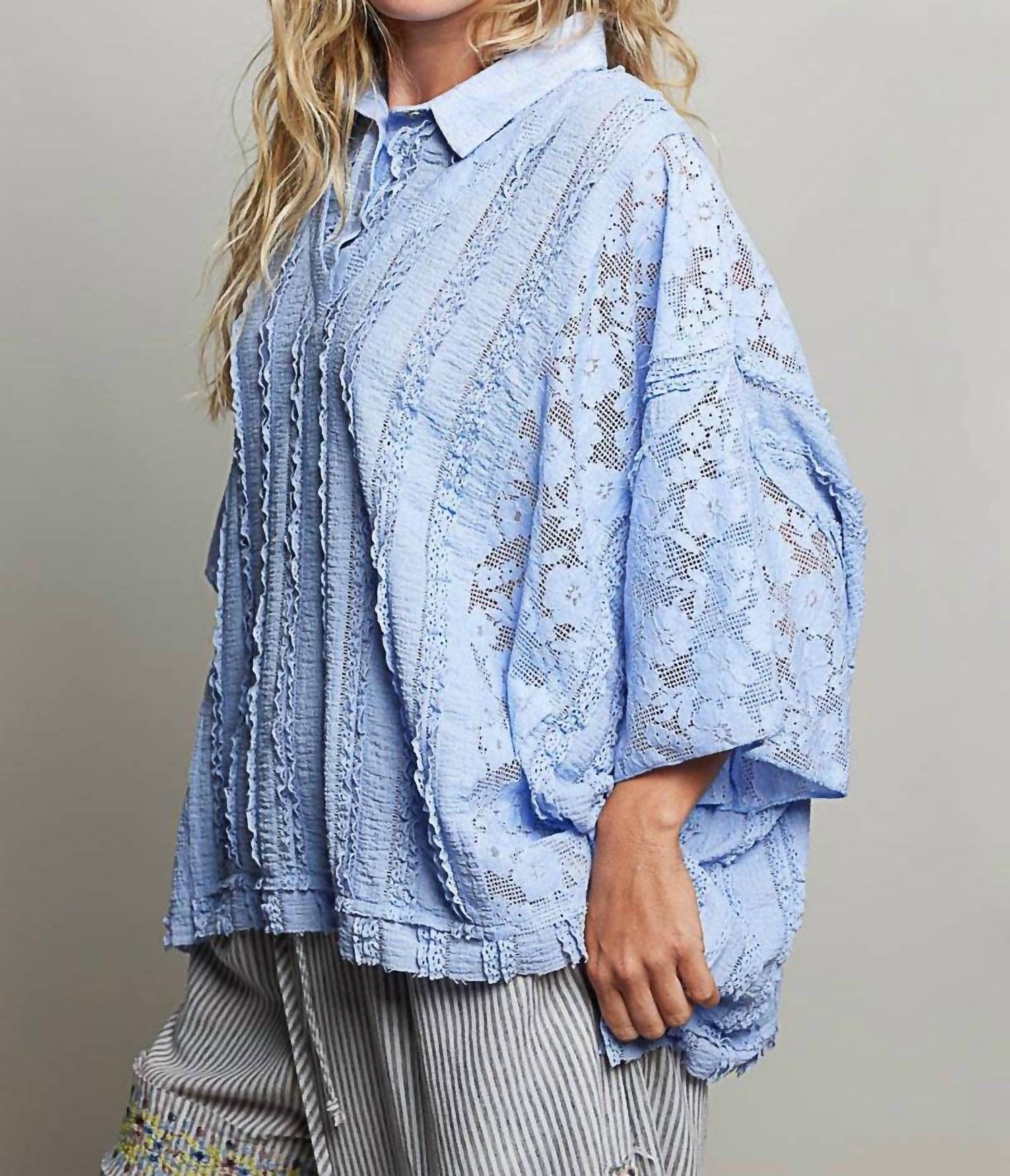 Pol - Lace Patch Solid Lightweight Short Sleeve Collared Knit Top