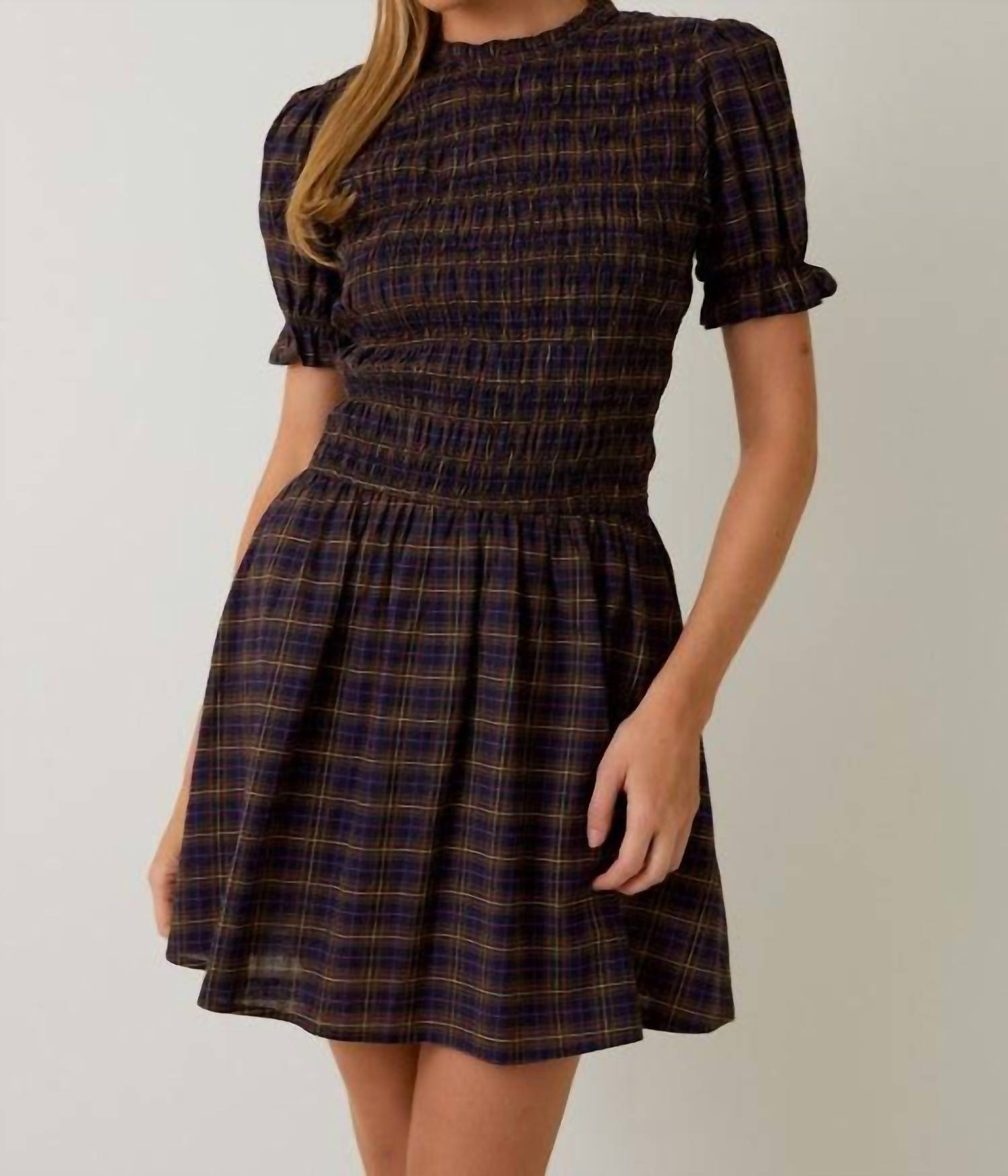 Sunday Edition Mock Neck Smocked Mini Dress in navy multi - women's dress - alternate view