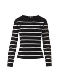 Kinross Women's Tipped Rib Stripe Boatneck Pullover in black white anchor blue - women's sweater