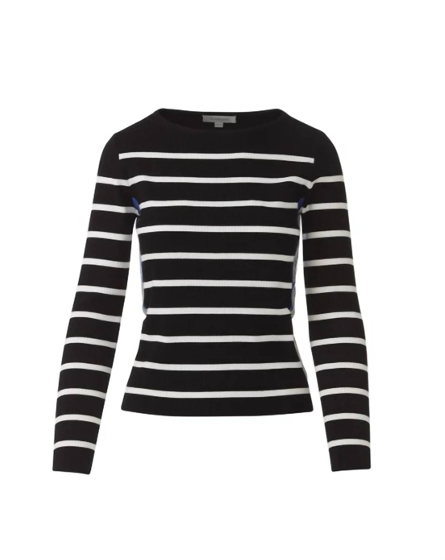 Kinross Women's Tipped Rib Stripe Boatneck Pullover in black white anchor blue - women's sweater