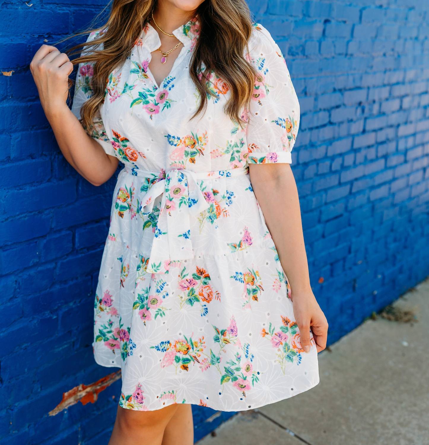 Jade - Floral Eyelet Ruffle Neck Hem Dress