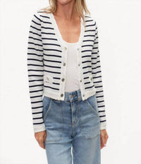 SIX/FIFTY Blaire Striped Button Up Cardigan Top in white navy - women's cardigan