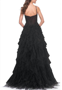 La Femme Tulle ruffle ball gown in black - women's dress - detail view