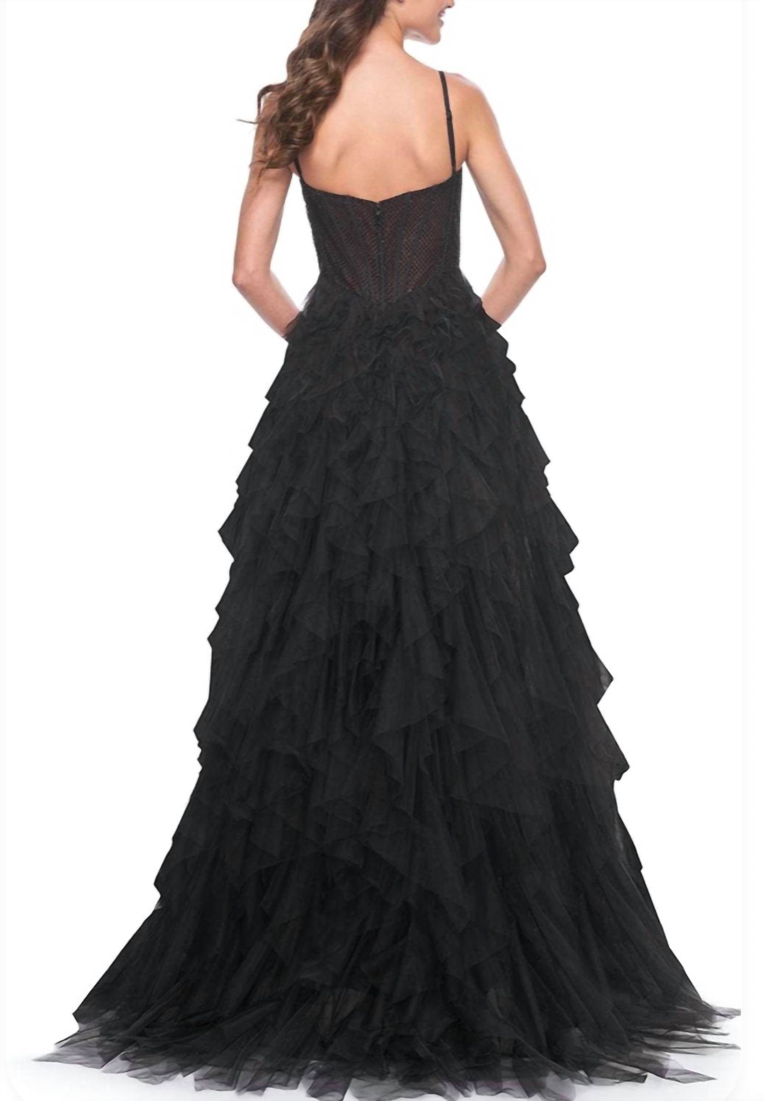 La Femme Tulle ruffle ball gown in black - women's dress - detail view