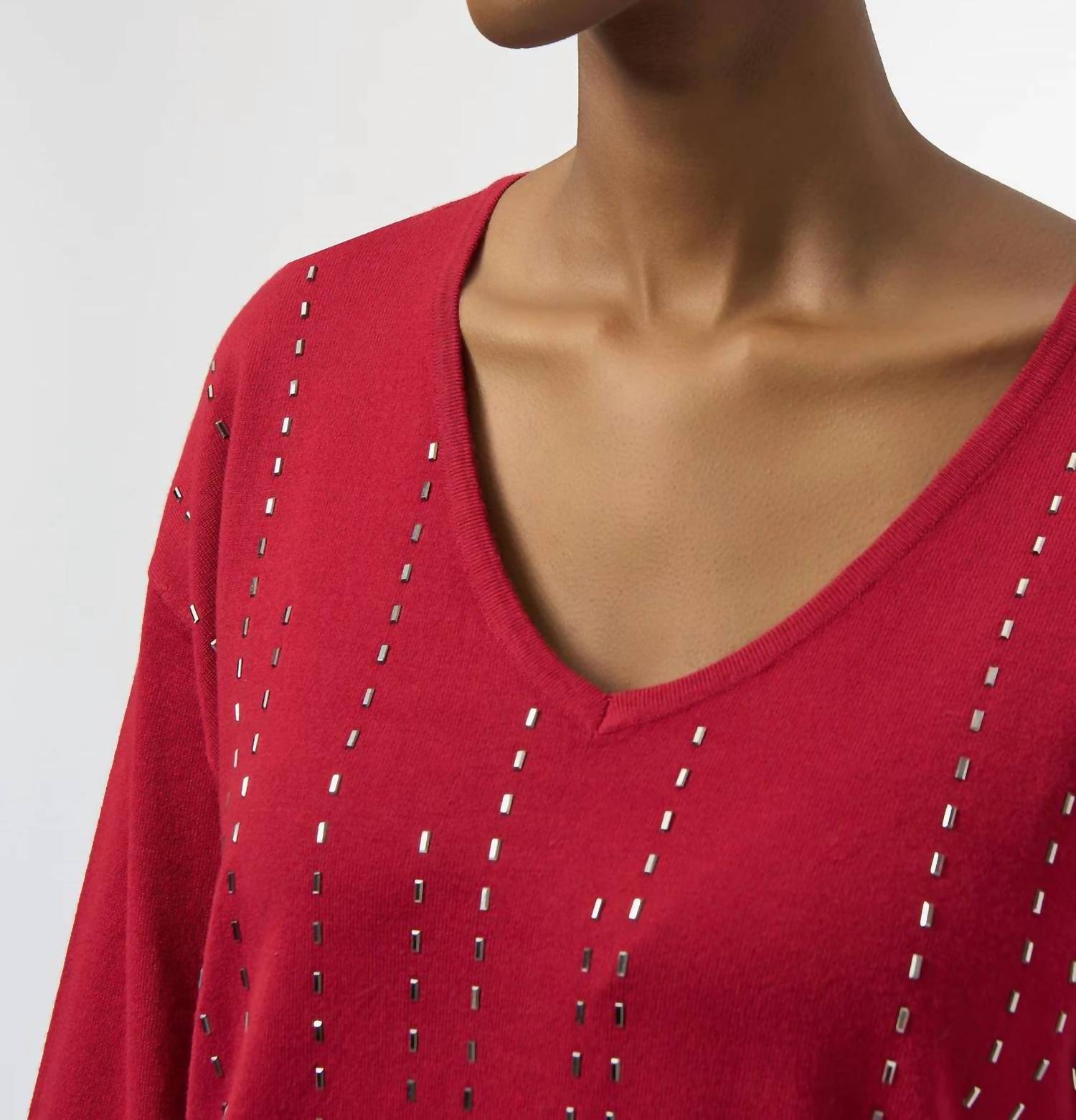 Joseph Ribkoff Iron-on V-neck Pullover Sweater Top in deep cherry - women's sweater - alternate view
