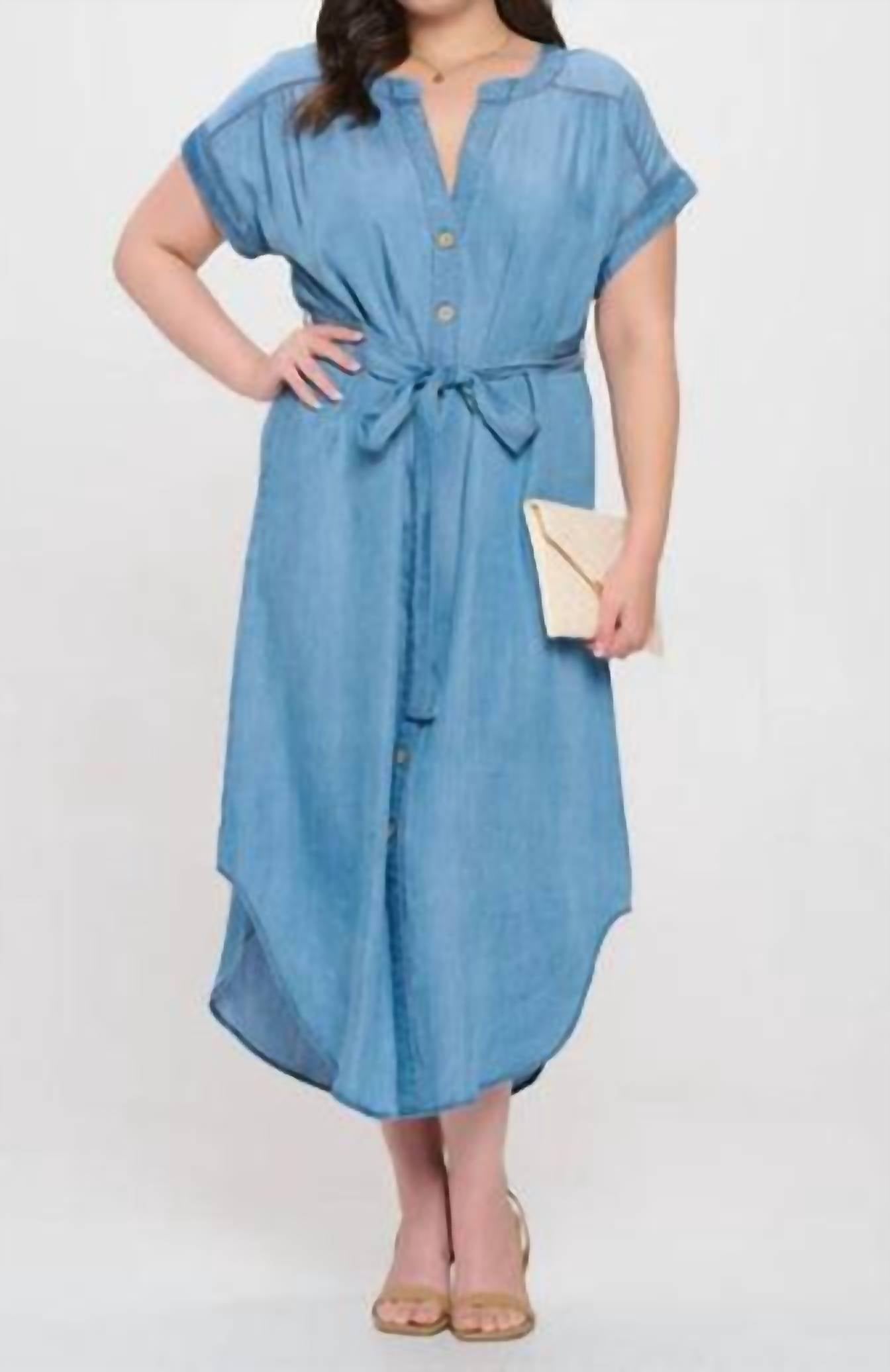 Blu Pepper - Women's Belted Chambray Dress - Plus