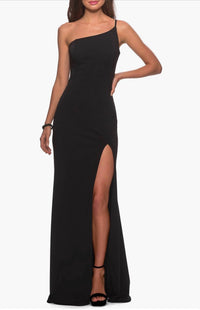La Femme One Shoulder Jersey Slit Column Dress in black - women's dress