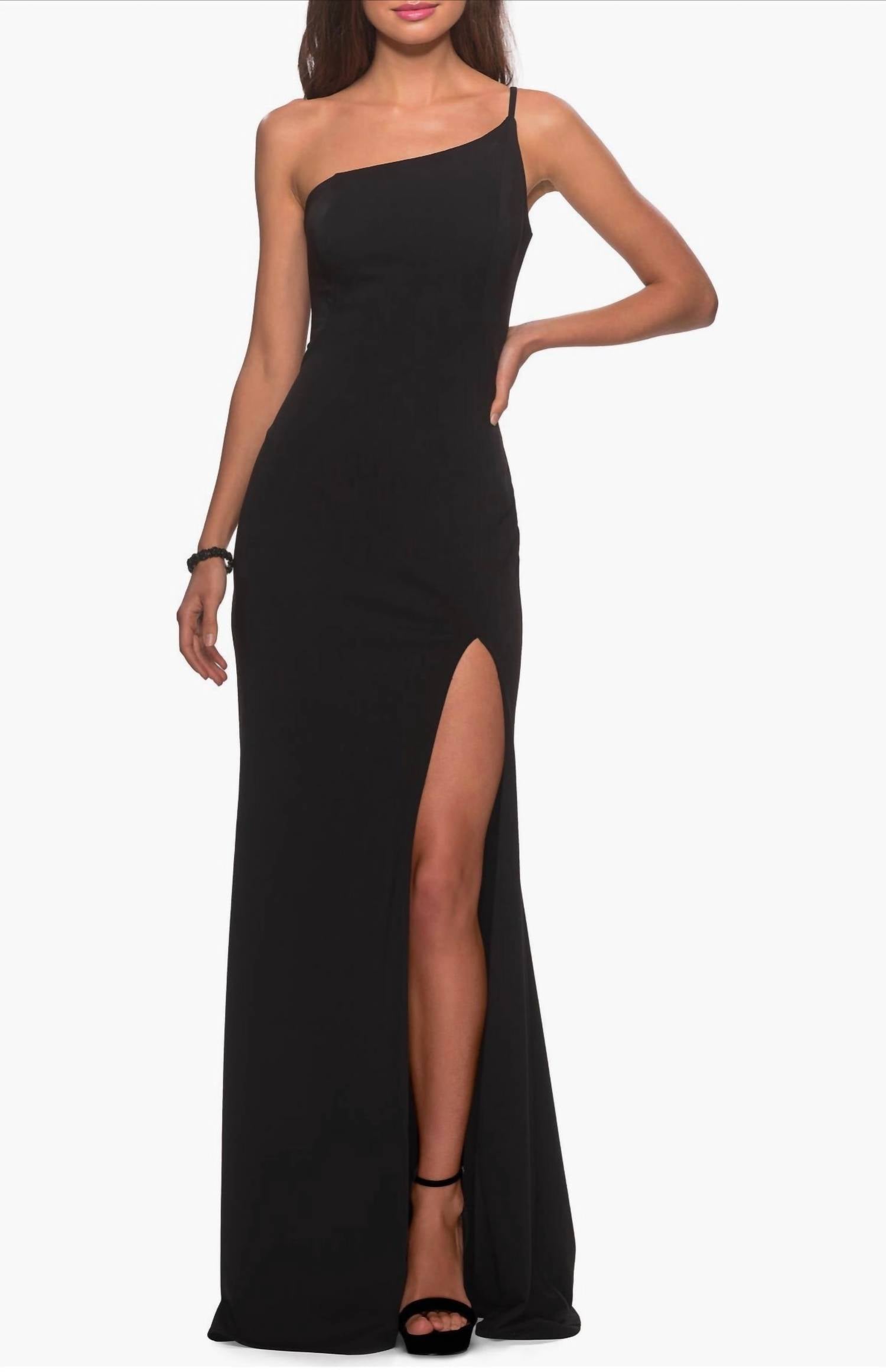 La Femme One Shoulder Jersey Slit Column Dress in black - women's dress