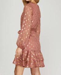 Gold-Dot Chiffon Dress With Ruffled Hem