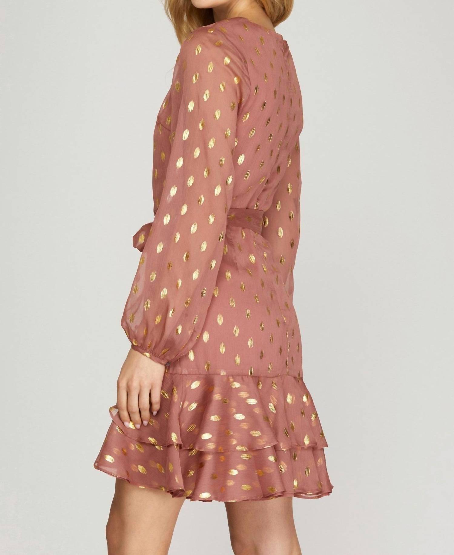 Gold-Dot Chiffon Dress With Ruffled Hem