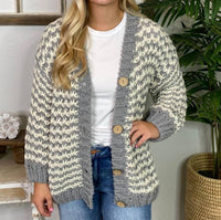 BiBi Chunky V-neck Cardigan in grey and ivory - women's cardigan - alternate view