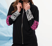 french kyss Animal Print Sleeve Zip Up Jacket in black multi - women's jacket - detail view