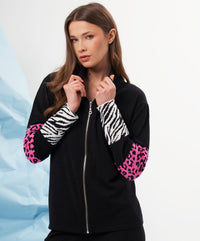 french kyss Animal Print Sleeve Zip Up Jacket in black multi - women's jacket - alternate view