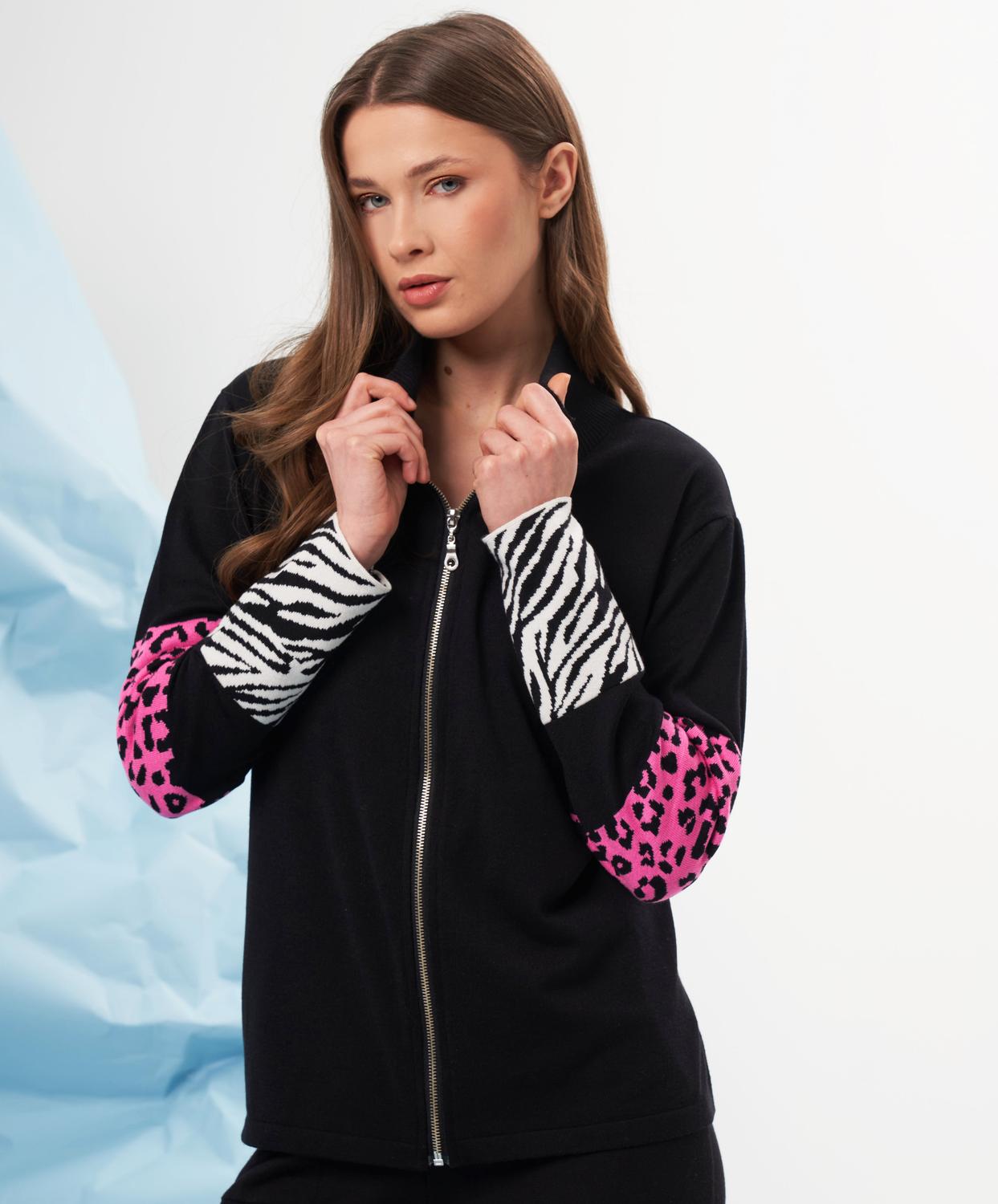 french kyss Animal Print Sleeve Zip Up Jacket in black multi - women's jacket - alternate view