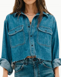 ASKK NY Crosby Combo Flannel Shirt in denim and houndstooth - women's shirt - view 4