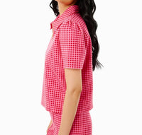 ADDISON BAY Ponte Virginian Polo Top in rose check - women's blouse - alternate view