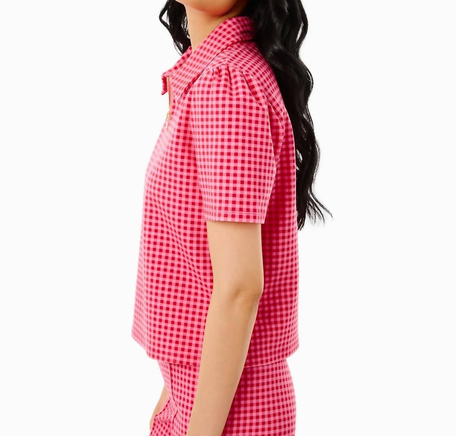 ADDISON BAY Ponte Virginian Polo Top in rose check - women's blouse - alternate view