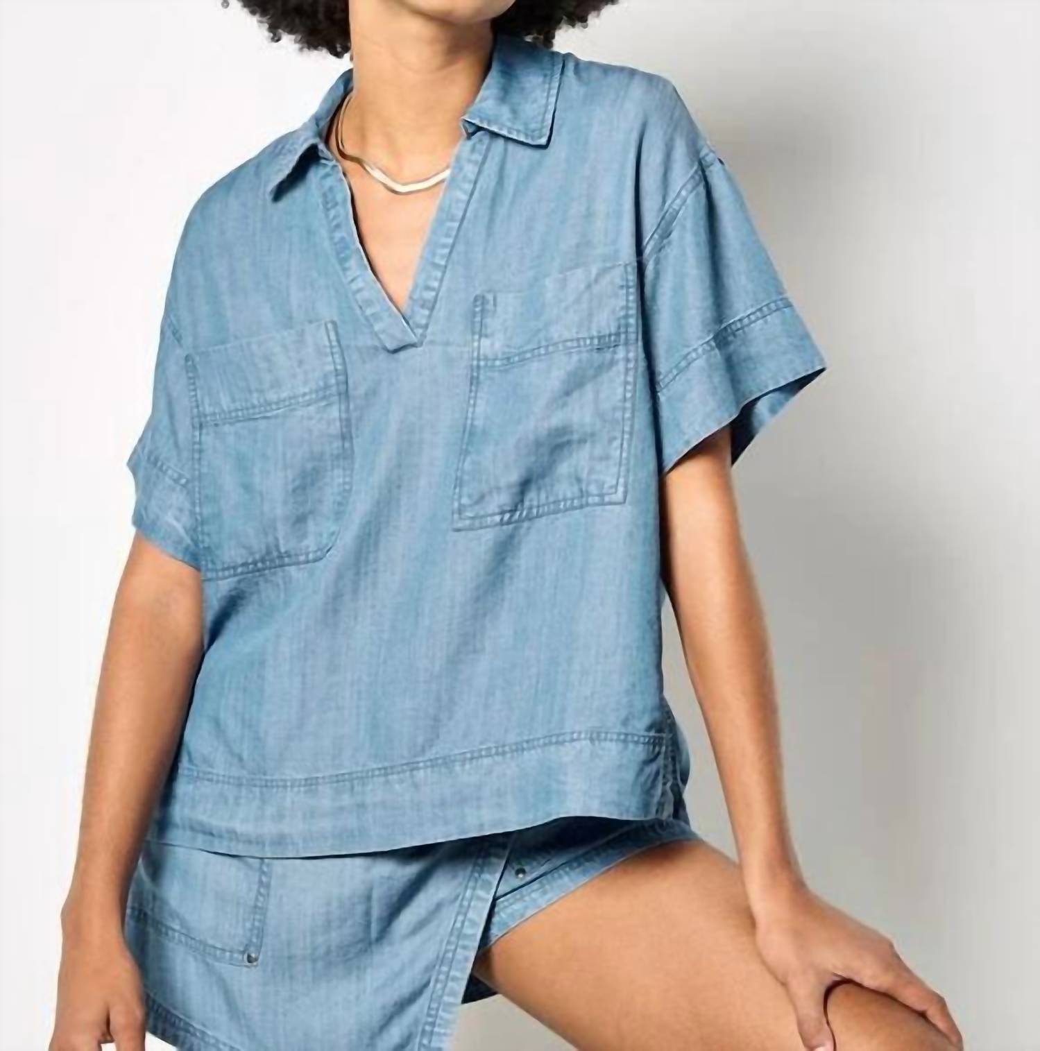 Apricot - Open Collar Slub Blouse