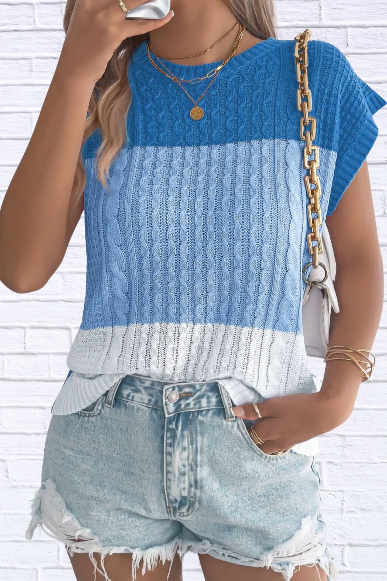 Anna-Kaci - Color Block Knit Short Sleeve Pullover
