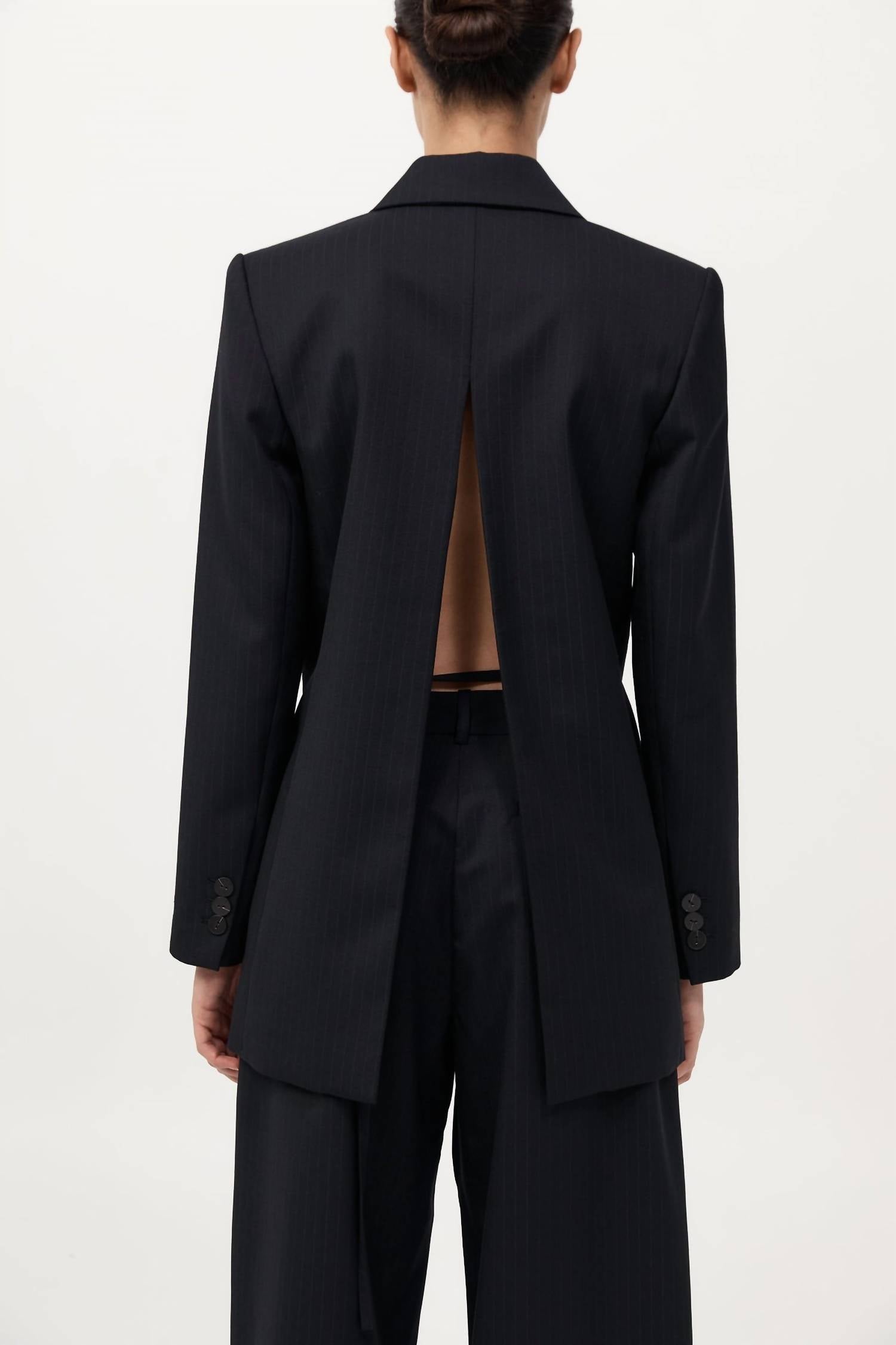 St. Agni Split Back Blazer in black pinstripe - women's jacket - detail view