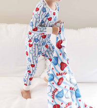 Caden Lane Sweet Like Candy Two Piece Pajama Set in blue - kids' sleepwear - detail view