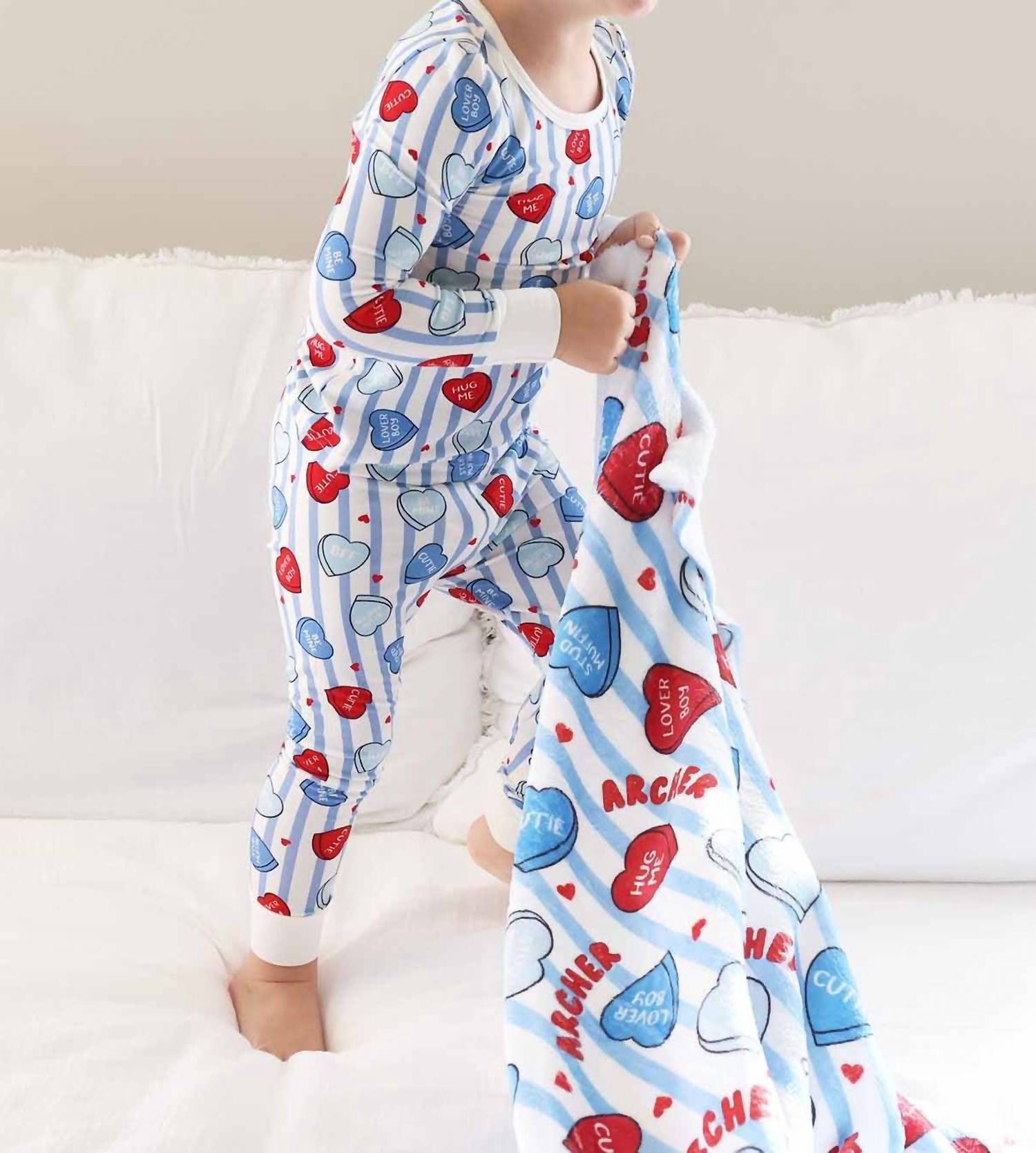 Caden Lane Sweet Like Candy Two Piece Pajama Set in blue - kids' sleepwear - detail view