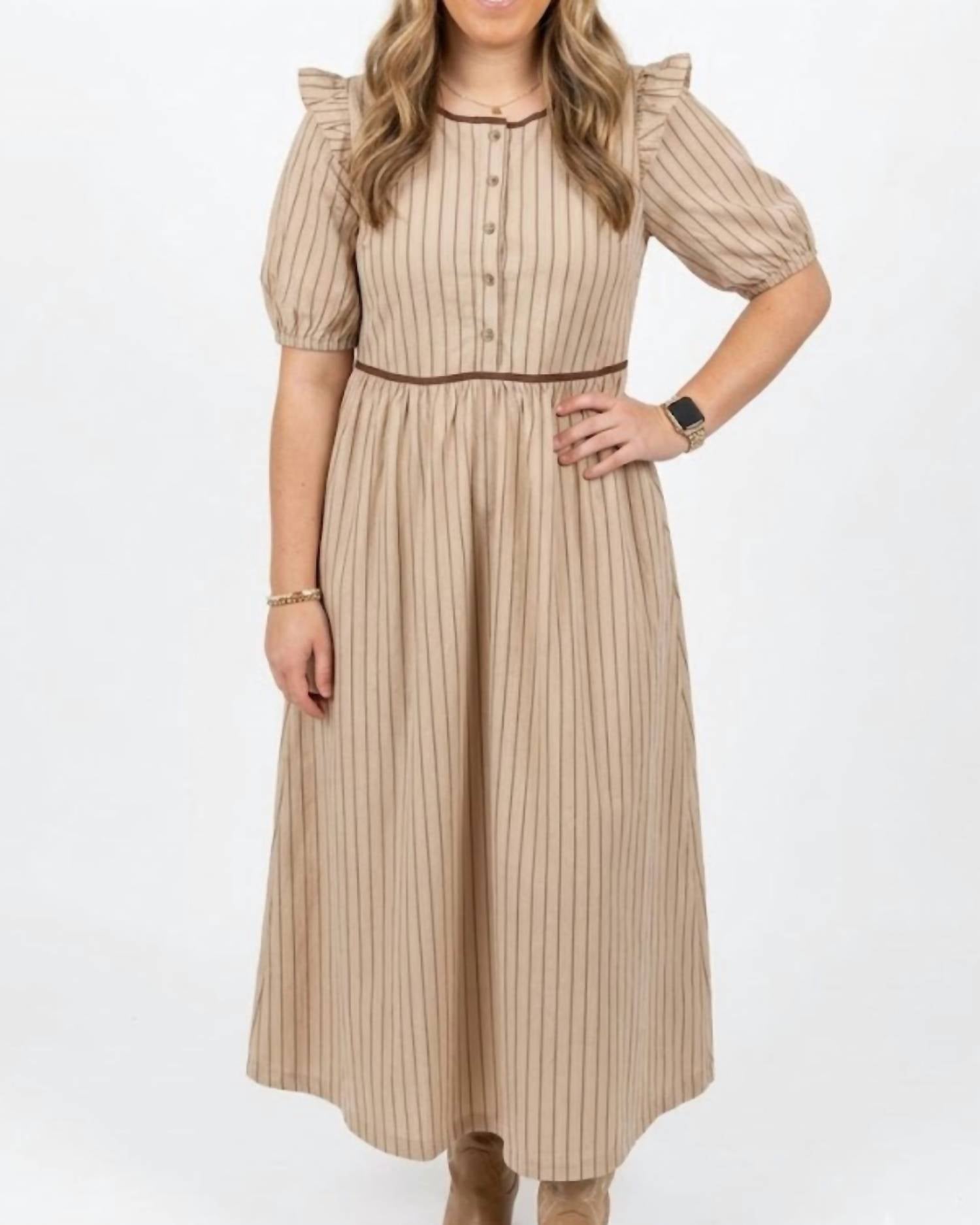 Heyson - Seersucker Stripe Pintucked Bow Back Midi Dress