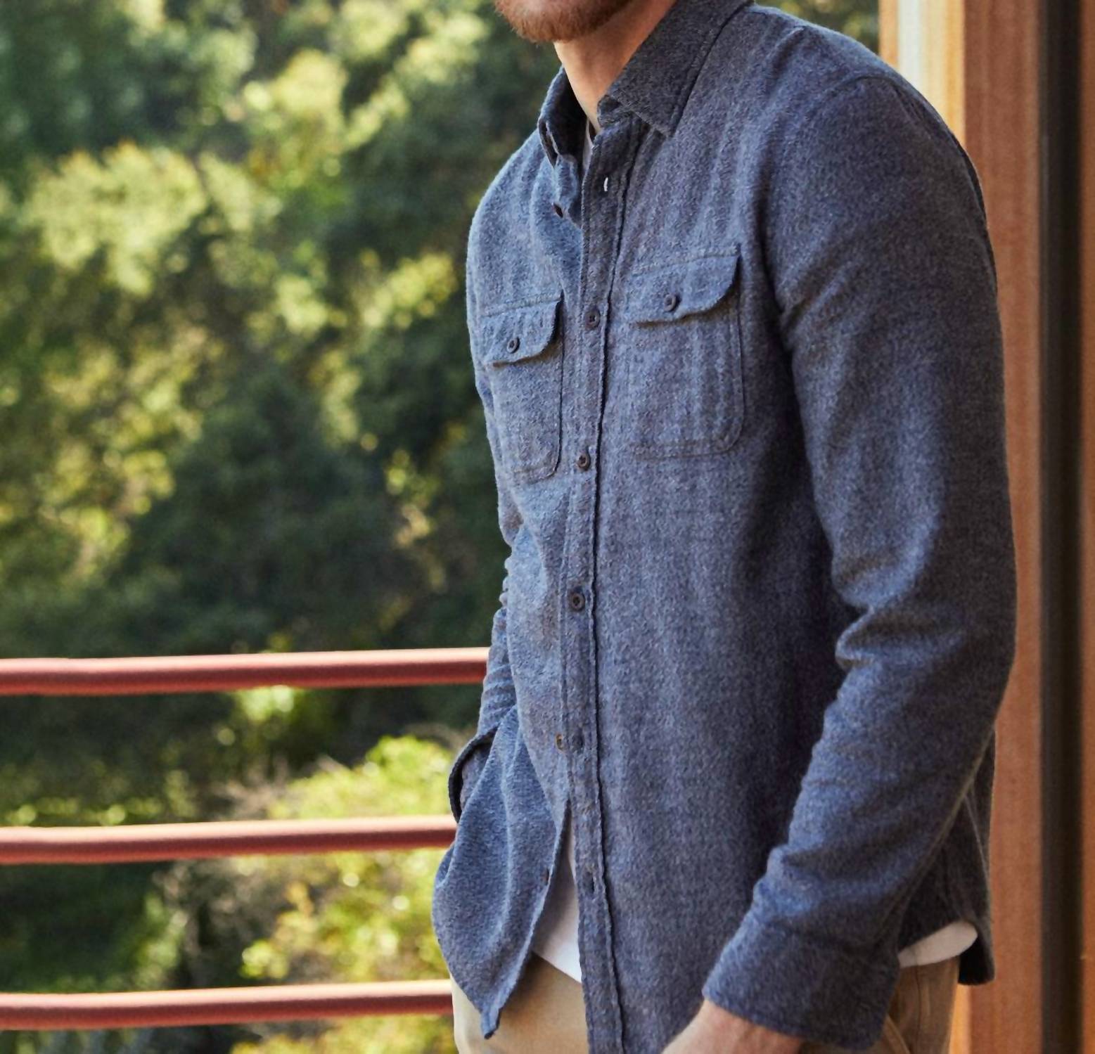 Outerknown Transitional Flannel Utility Shirt in navy jasper - men's shirt - detail view
