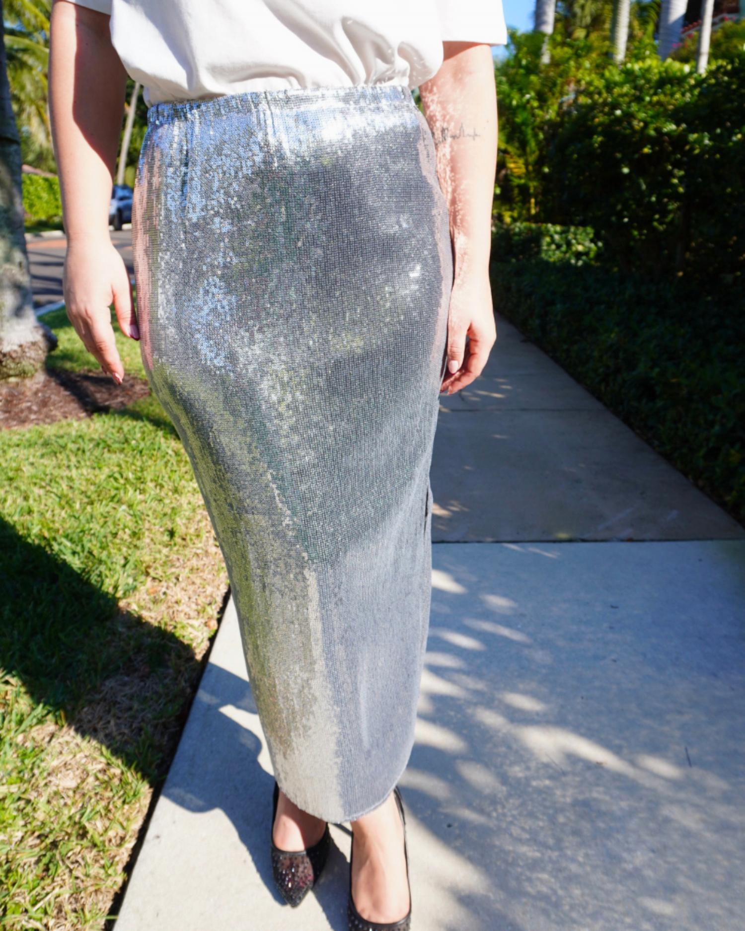 ELAN Women's Midi Sequin Skirt in silver - women's skirt