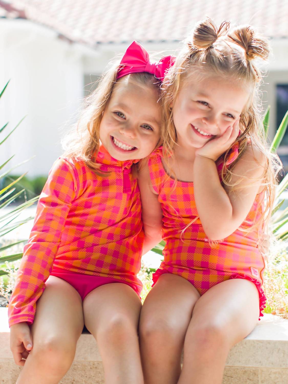 Rufflebutts - Girls' Gingham Long Sleeve Zipper Rash Guard Two-piece Swimsuit
