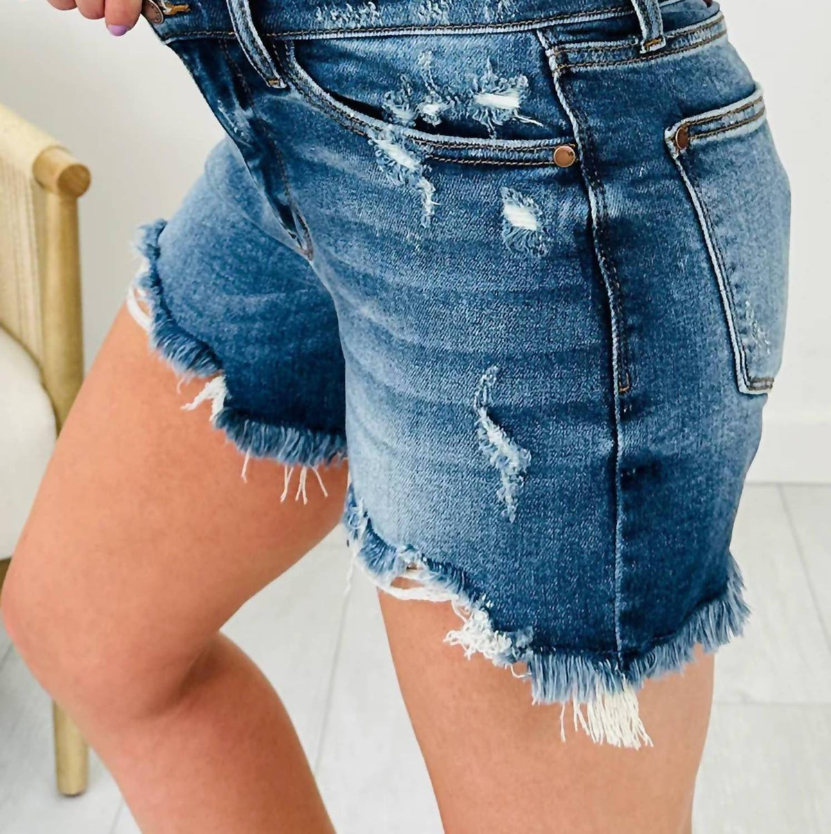 66Disco - Asymmetric Raw Hem Distressed Whiskery Denim Shorts