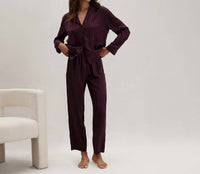 Lunya Washable Silk Striped Jacquard Long Sleeve Pant Set in vintage merlot - women's sleepwear
