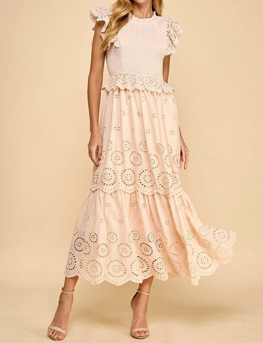Tcec - Eyelet Lace Scalloped Hem Ruffle Midi Dress