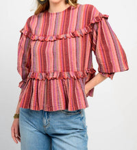 Ivy Jane Muti Striped Tier Top in rust - women's blouse - detail view