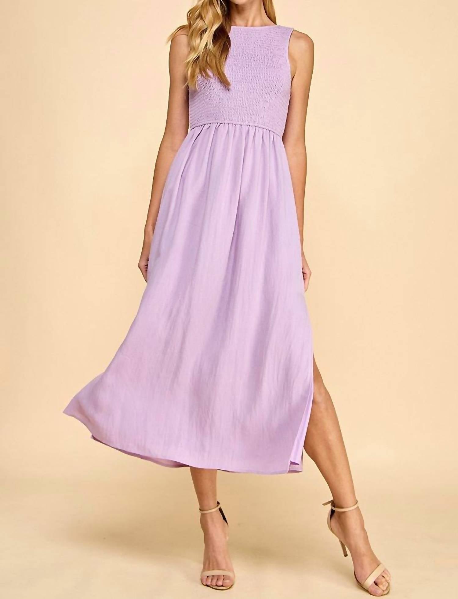 TCEC Palmer Smocked Bodice Midi Dress in lavender - women's dress